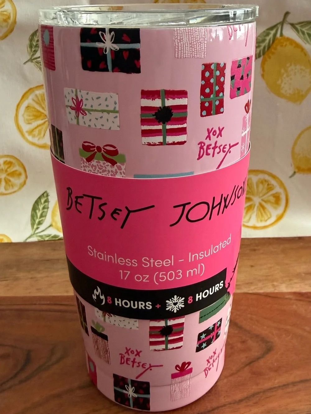 Betsey Johnson Pink Gift-Print Insulated Stainless Steel Tumbler